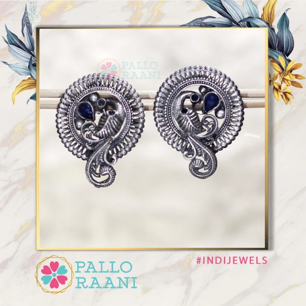 Silveralike peacock studs with blue darjeeling stone - silver